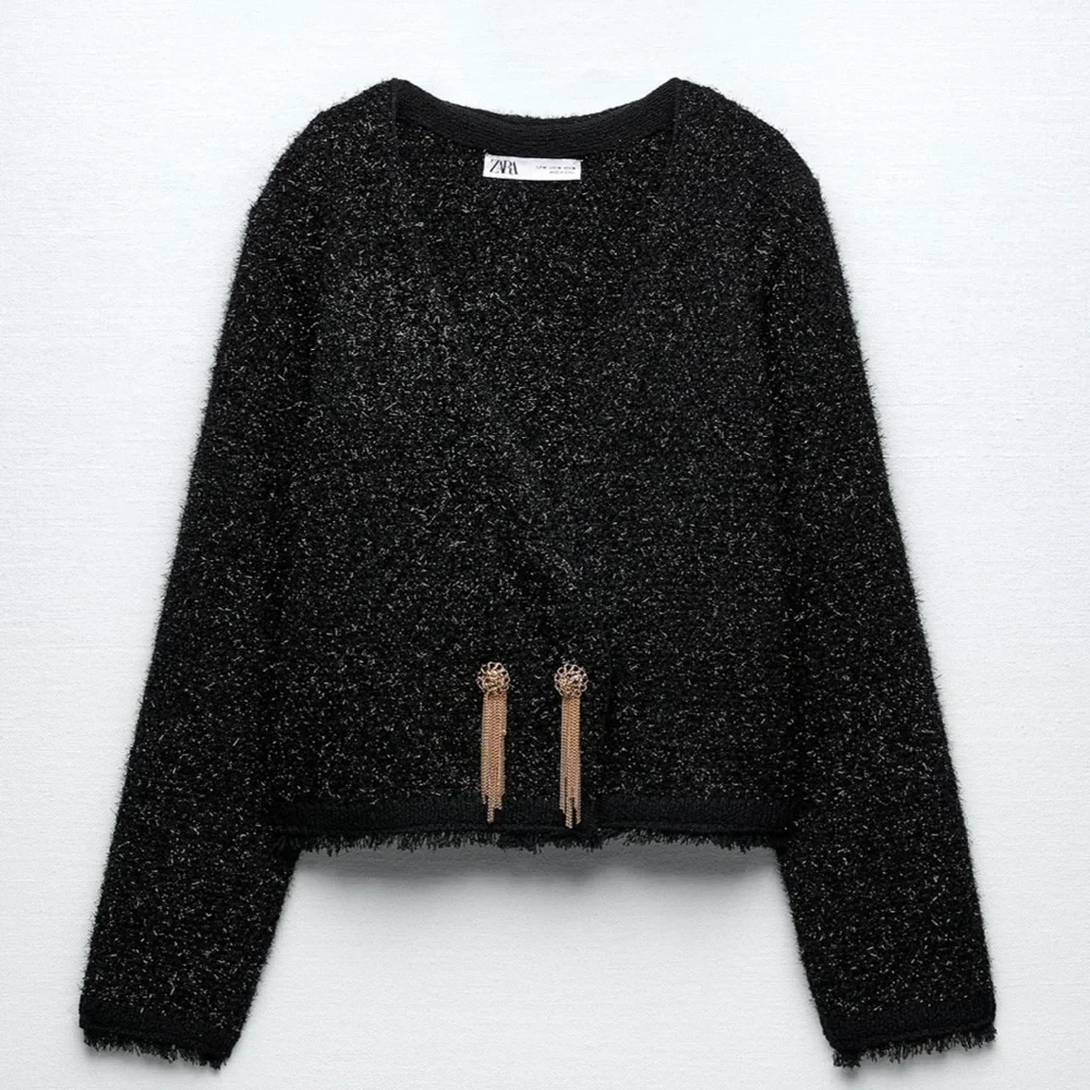 Zara metallic treads knitted jacket with ornament & chains